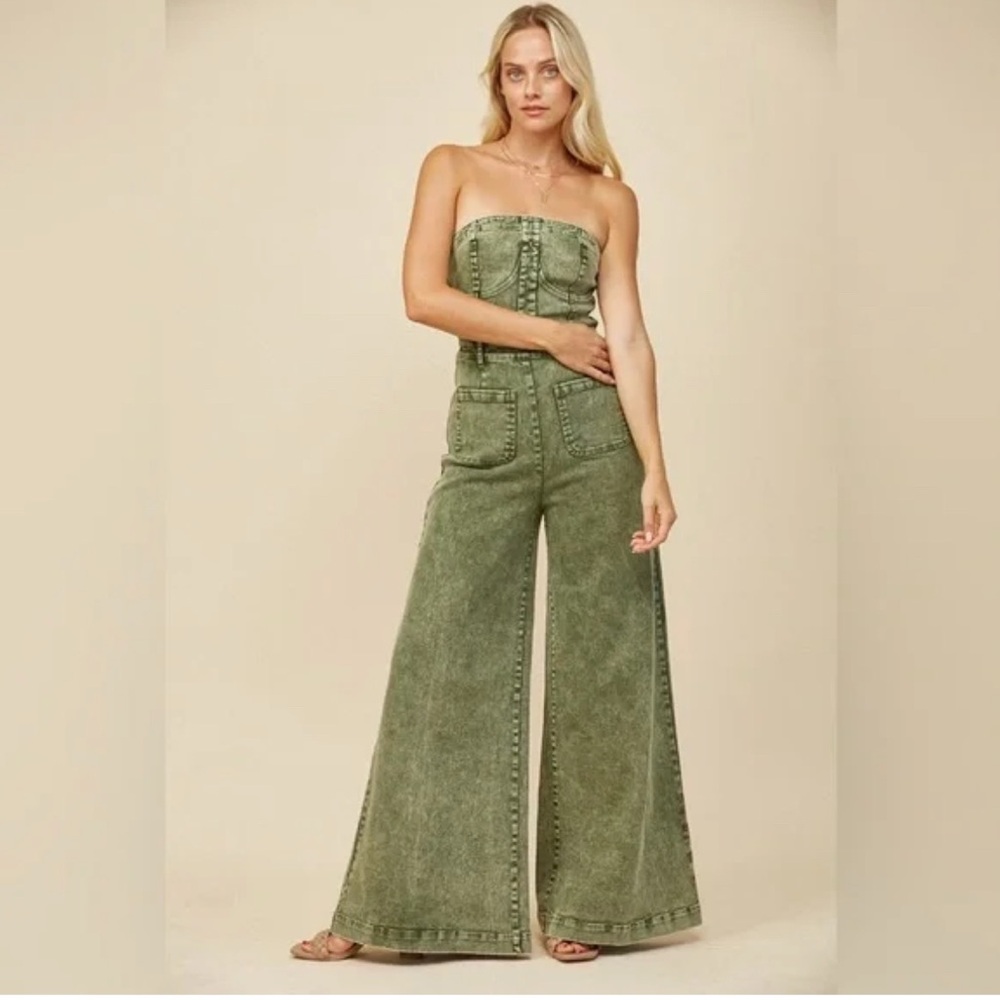Olive green strapless, wide leg jumper